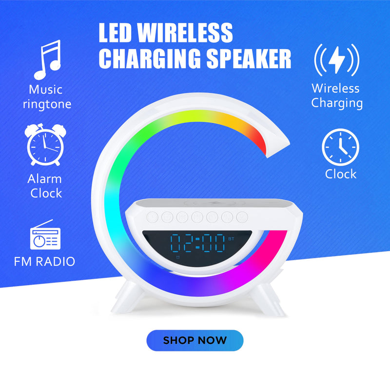 🔊 مكبر صوت ذكي لاسلكي مع شاحن سريع 15W – إضاءة RGB + ساعة رقمية