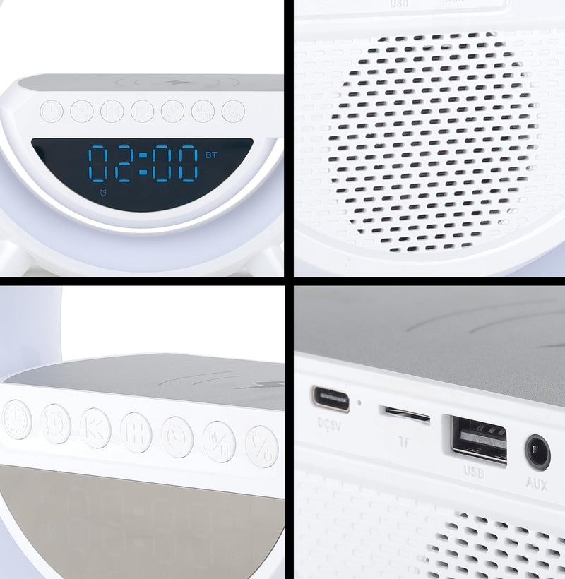 🔊 مكبر صوت ذكي لاسلكي مع شاحن سريع 15W – إضاءة RGB + ساعة رقمية