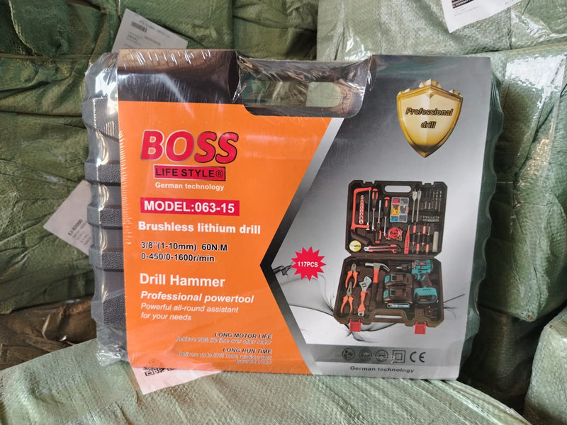 مثقاب ليثيوم BOSS  طقم أدوات احترافي 117 قطعة