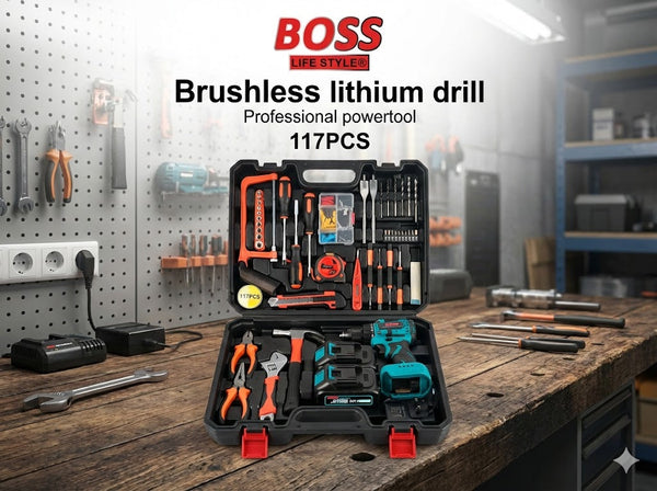 مثقاب ليثيوم BOSS  طقم أدوات احترافي 117 قطعة