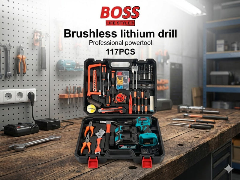مثقاب ليثيوم BOSS  طقم أدوات احترافي 117 قطعة