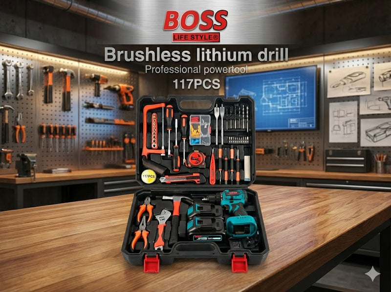 مثقاب ليثيوم BOSS  طقم أدوات احترافي 117 قطعة